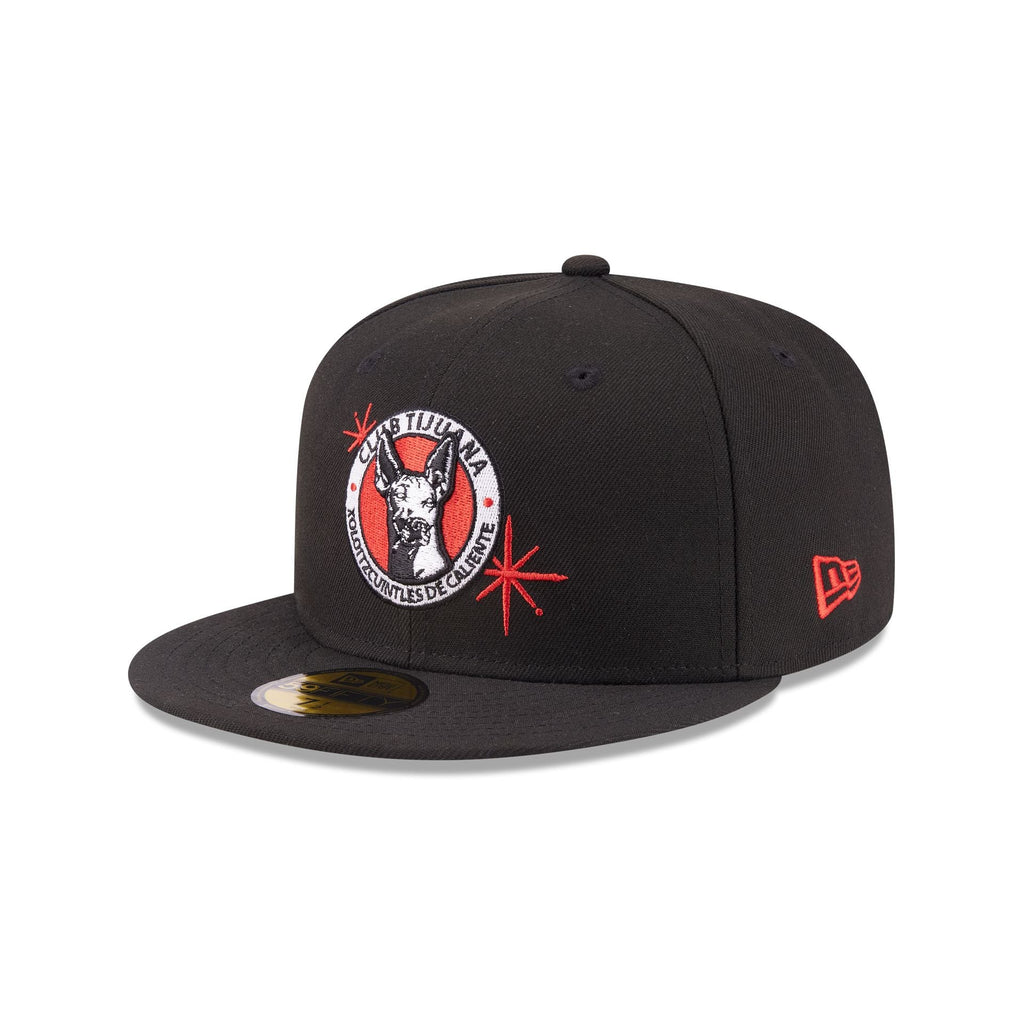 Xolos de Tijuana New Era Liga MX 59FIFTY 5950 Fitted Cap Hat Black Crown/Visor Team Color Logo Xolos Script Side Patch Gray UV
