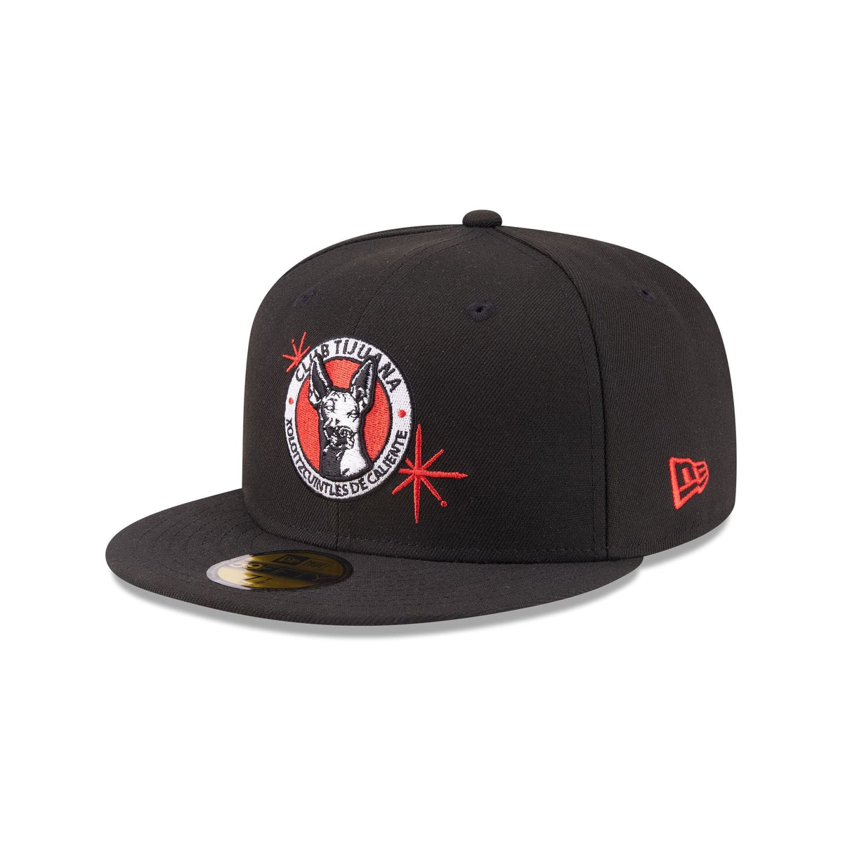 Xolos de Tijuana New Era Liga MX 59FIFTY 5950 Fitted Cap Hat Black Crown/Visor Team Color Logo Xolos Script Side Patch Gray UV