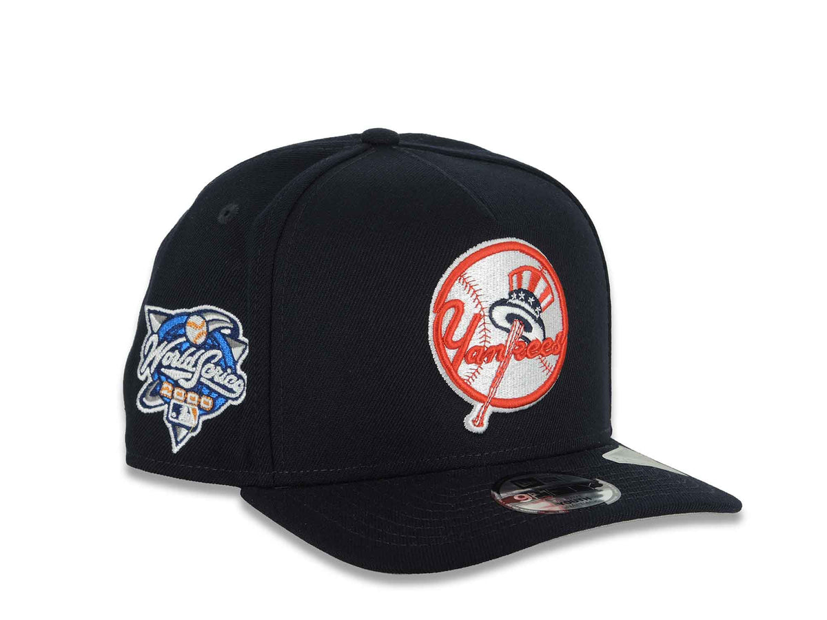 (Youth) New York Yankees New Era MLB 9FIFTY 950 A-Frame Snapback Cap Hat Navy Blue Crown/Visor White Logo 2000 World Series Side Patch Gray UV