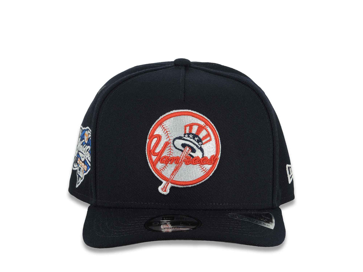 (Youth) New York Yankees New Era MLB 9FIFTY 950 A-Frame Snapback Cap Hat Navy Blue Crown/Visor White Logo 2000 World Series Side Patch Gray UV