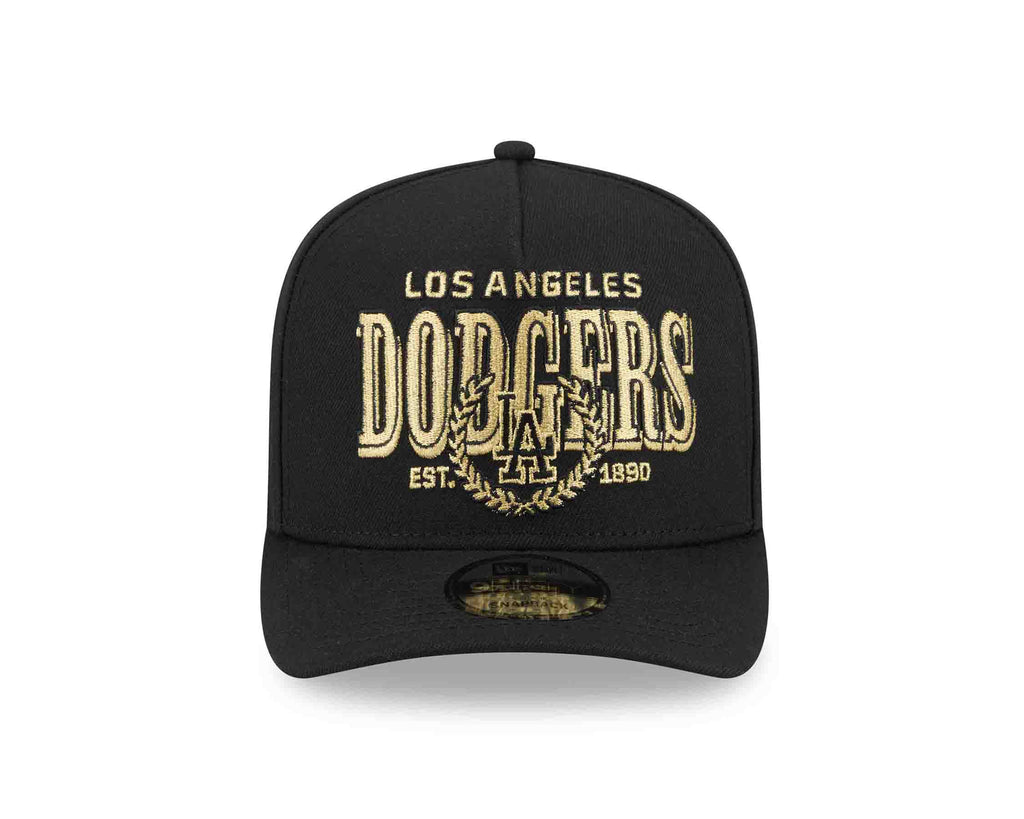 Los Angeles Dodgers New Era MLB 9FIFTY 950 Snapback A-Frame Cap Hat Black Crown/Visor Gold/Black Script Logo Gray UV