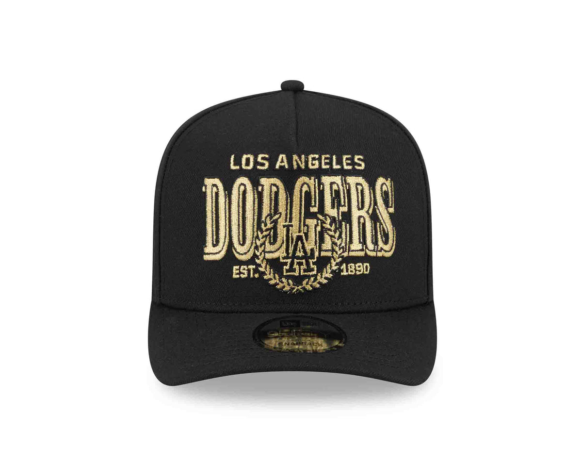 Los Angeles Dodgers New Era MLB 9FIFTY 950 Snapback A-Frame Cap Hat Black Crown/Visor Gold/Black Script Logo Gray UV