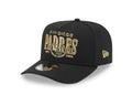 San Diego Padres New Era MLB 9FIFTY 950 Snapback A-Frame Cap Hat Black Crown/Visor Gold/Black Script Logo Gray UV