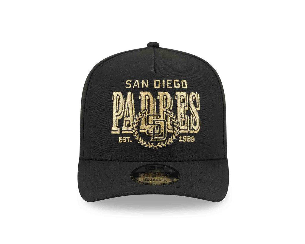 San Diego Padres New Era MLB 9FIFTY 950 Snapback A-Frame Cap Hat Black Crown/Visor Gold/Black Script Logo Gray UV