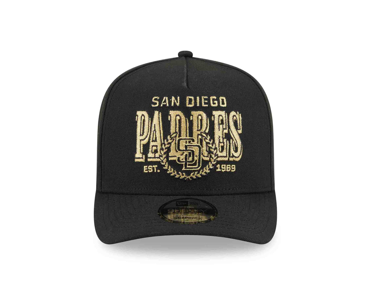 San Diego Padres New Era MLB 9FIFTY 950 Snapback A-Frame Cap Hat Black Crown/Visor Gold/Black Script Logo Gray UV