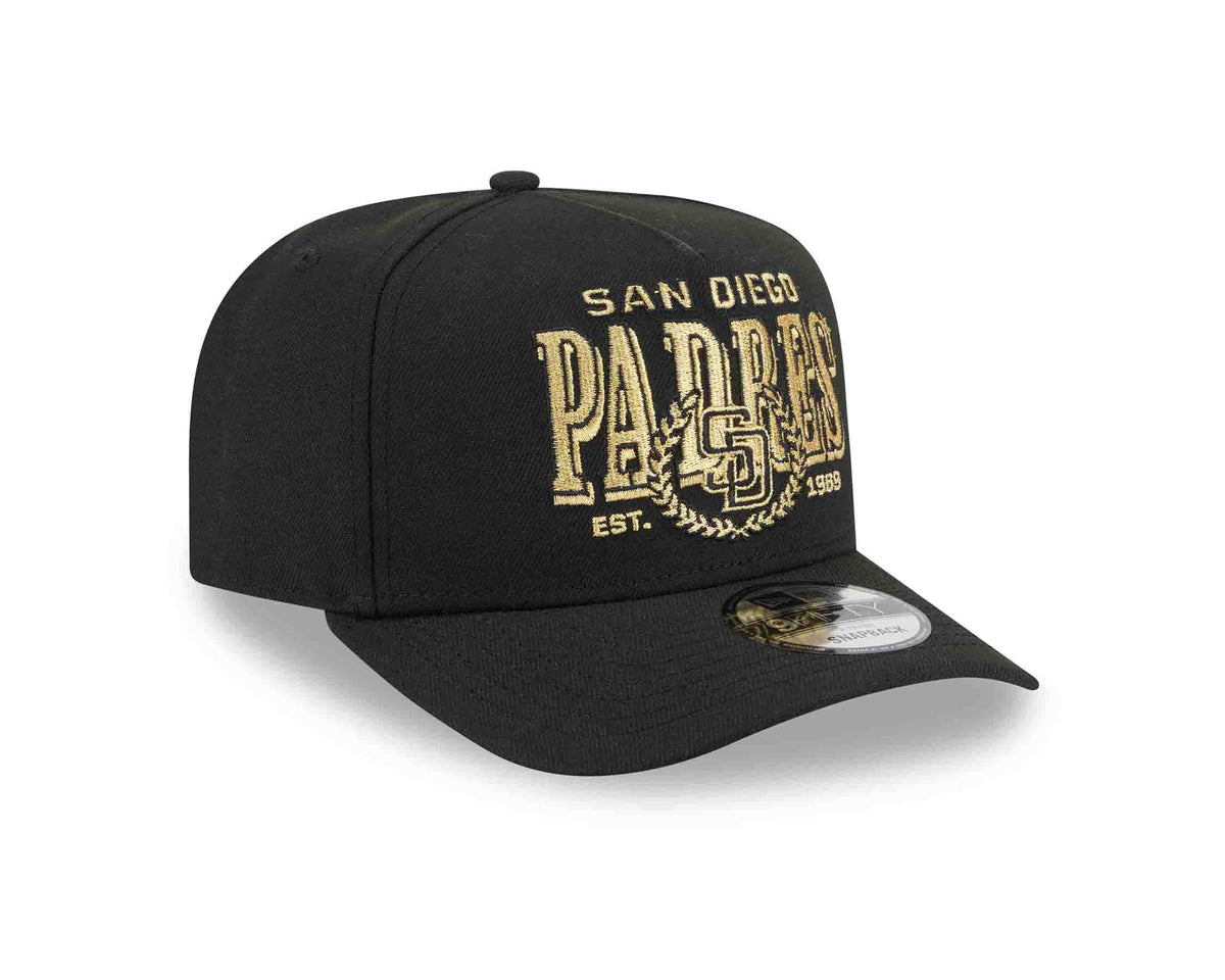 San Diego Padres New Era MLB 9FIFTY 950 Snapback A-Frame Cap Hat Black Crown/Visor Gold/Black Script Logo Gray UV