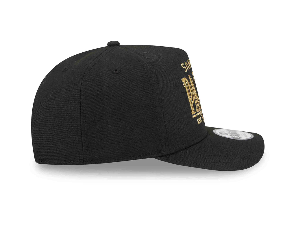 San Diego Padres New Era MLB 9FIFTY 950 Snapback A-Frame Cap Hat Black Crown/Visor Gold/Black Script Logo Gray UV