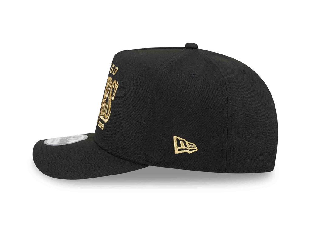 San Diego Padres New Era MLB 9FIFTY 950 Snapback A-Frame Cap Hat Black Crown/Visor Gold/Black Script Logo Gray UV