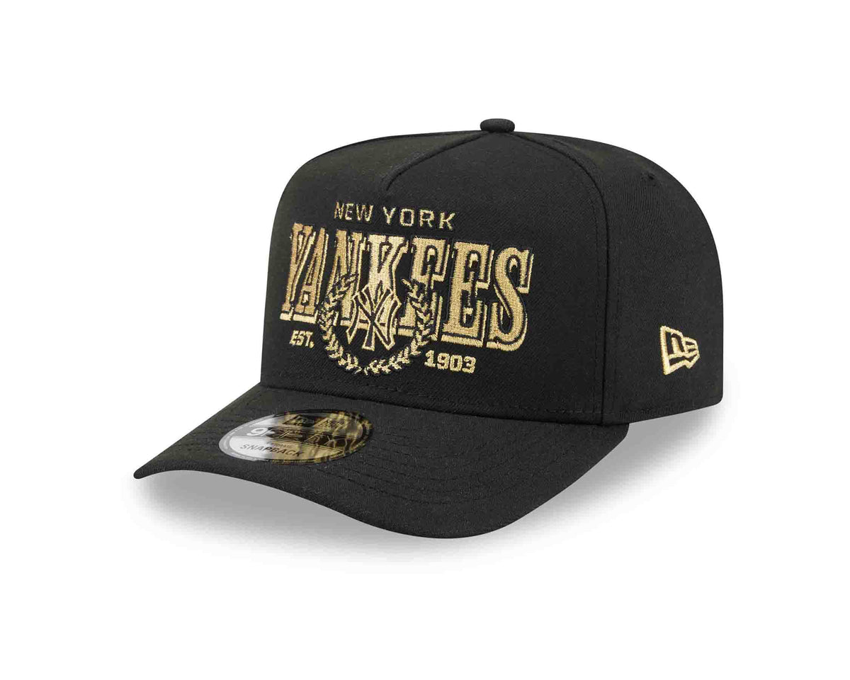 New York Yankees New Era MLB 9FIFTY 950 Snapback A-Frame Cap Hat Black Crown/Visor Gold/Black Script Logo Gray UV