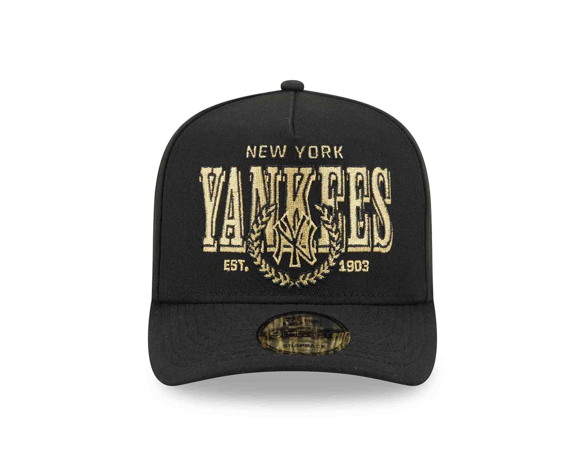 New York Yankees New Era MLB 9FIFTY 950 Snapback A-Frame Cap Hat Black Crown/Visor Gold/Black Script Logo Gray UV