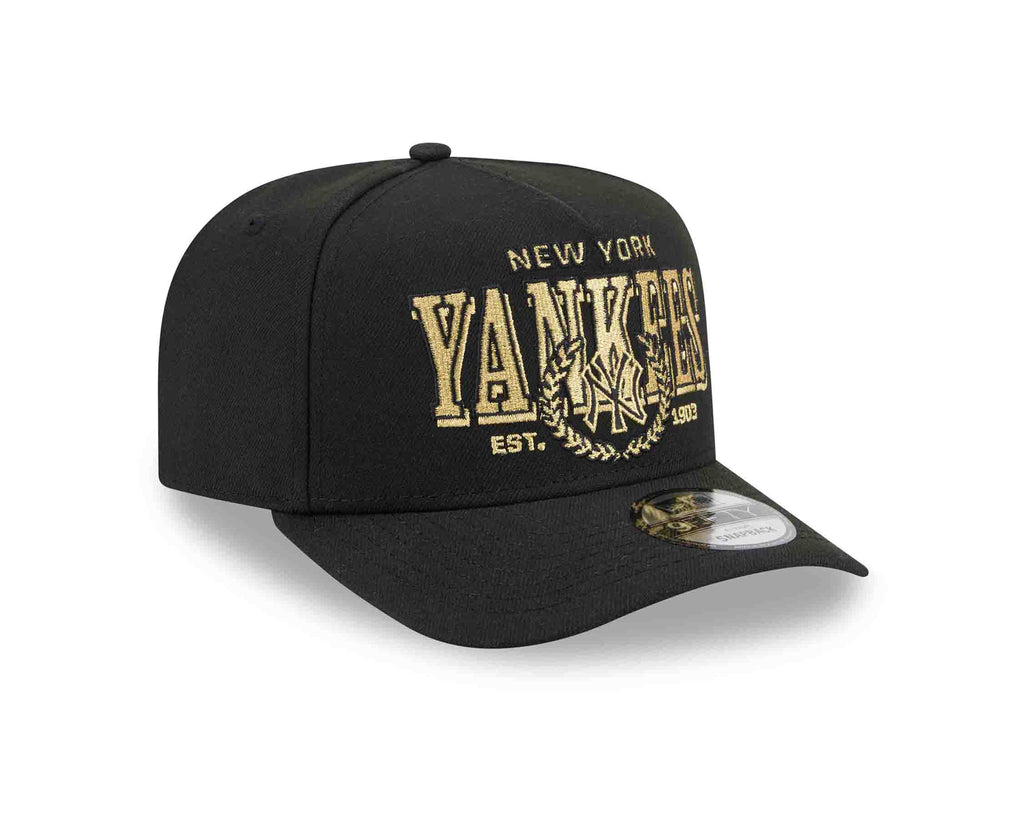 New York Yankees New Era MLB 9FIFTY 950 Snapback A-Frame Cap Hat Black Crown/Visor Gold/Black Script Logo Gray UV