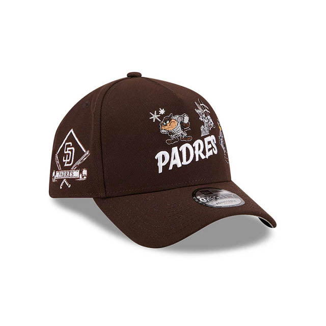 San Diego Padres New Era MLB 9FORTY 940 Adjustable A-Frame Cap Hat Dark Brown Crown/Visor White Script Logo Diamond Side Patch (Looney Tunes)