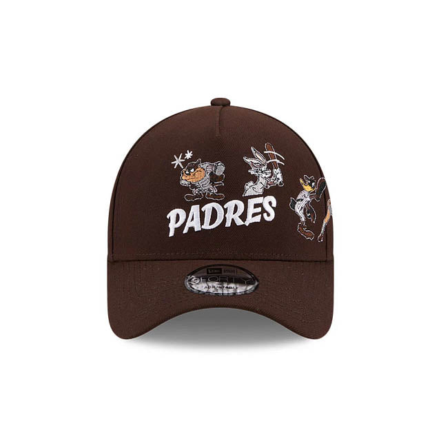 San Diego Padres New Era MLB 9FORTY 940 Adjustable A-Frame Cap Hat Dark Brown Crown/Visor White Script Logo Diamond Side Patch (Looney Tunes)