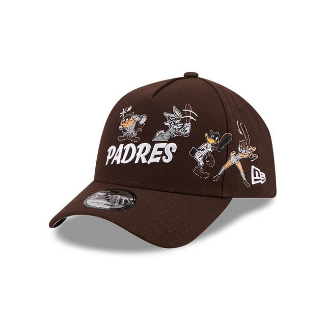 San Diego Padres New Era MLB 9FORTY 940 Adjustable A-Frame Cap Hat Dark Brown Crown/Visor White Script Logo Diamond Side Patch (Looney Tunes)