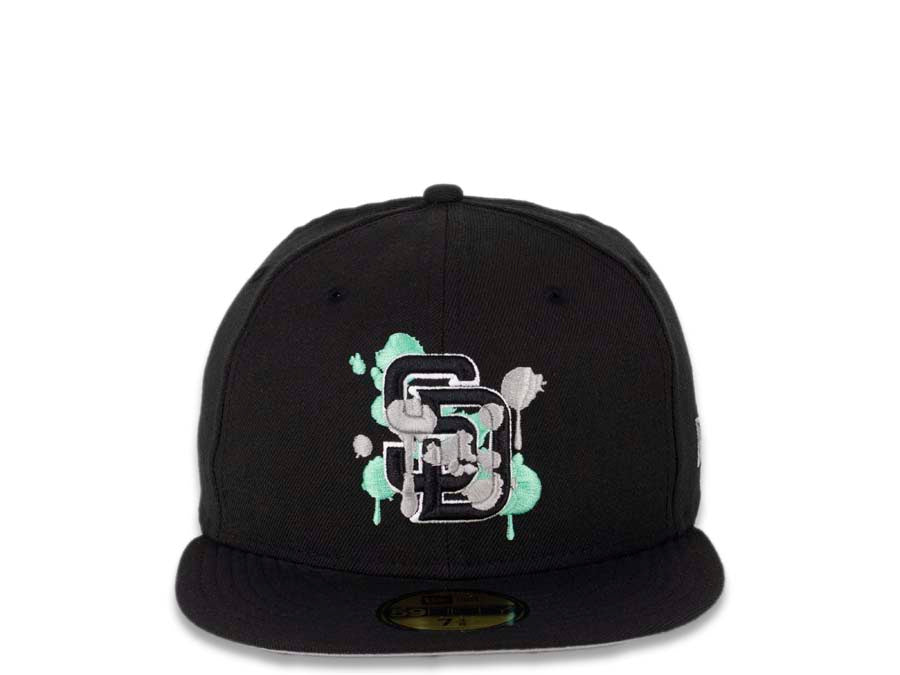 San Diego Padres New Era MLB 59FIFTY 5950 Cap Hat Black Crown/Visor Black/White/Teal Splatter Logo