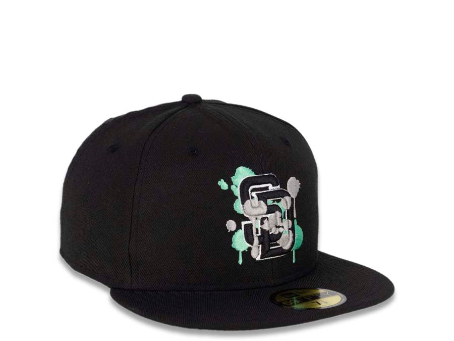 San Diego Padres New Era MLB 59FIFTY 5950 Cap Hat Black Crown/Visor Black/White/Teal Splatter Logo