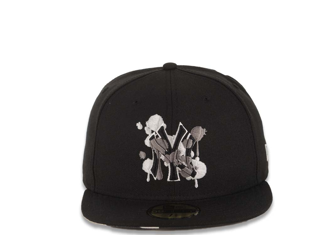 New York Yankees New Era MLB 59FIFTY 5950 Fitted Cap Hat Black Crown/Visor Black/White Splatter Logo Camo UV
