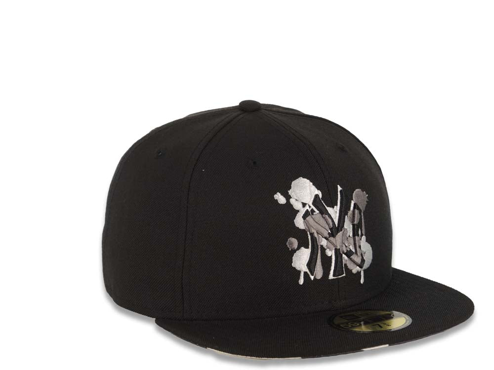 New York Yankees New Era MLB 59FIFTY 5950 Fitted Cap Hat Black Crown/Visor Black/White Splatter Logo Camo UV