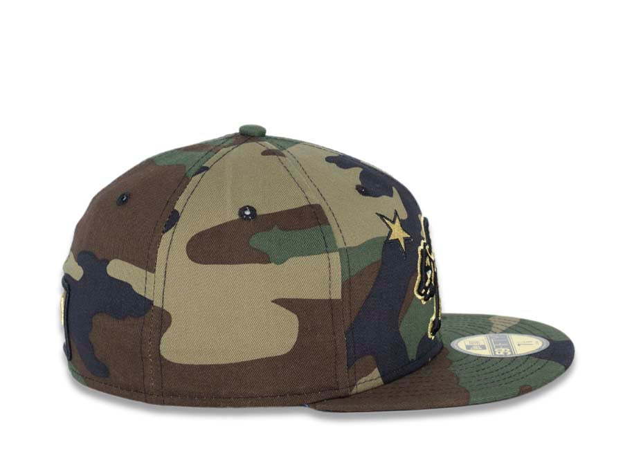 California Republic New Era 59FIFTY 5950 Fitted Cap Hat Camo Crown/Visor Metallic Gold/Black X-Large Logo