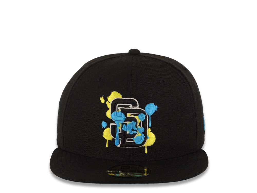 San Diego Padres MLB New Era 59FIFTY 5950 Fitted Cap Hat Black Crown/Visor Lime Green/Yellow/Black Splatter/Paint Logo Blue UV