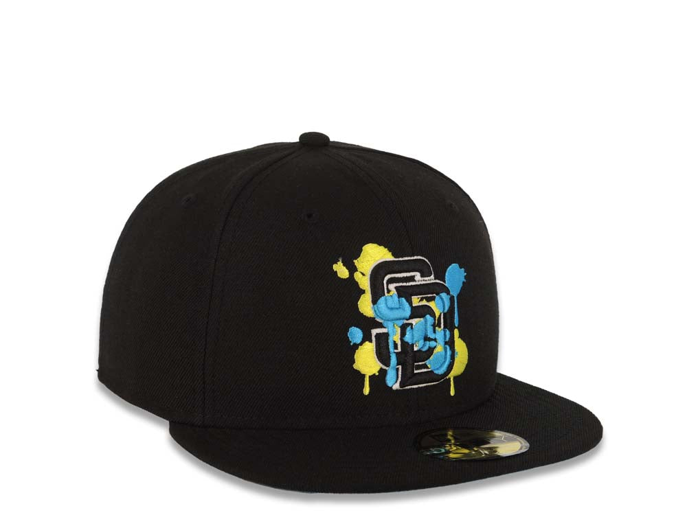 San Diego Padres MLB New Era 59FIFTY 5950 Fitted Cap Hat Black Crown/Visor Lime Green/Yellow/Black Splatter/Paint Logo Blue UV