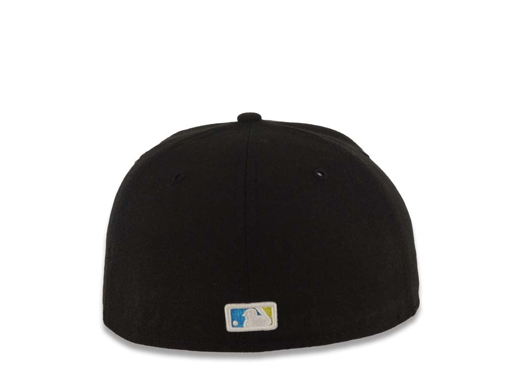 San Diego Padres MLB New Era 59FIFTY 5950 Fitted Cap Hat Black Crown/Visor Lime Green/Yellow/Black Splatter/Paint Logo Blue UV
