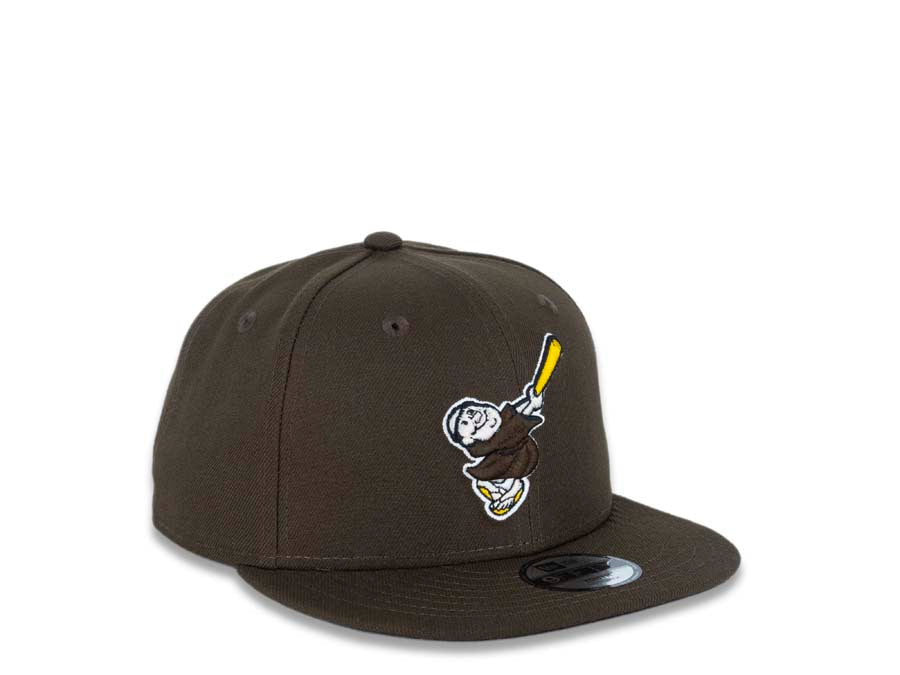 (Youth) San Diego Padres New Era MLB 9FIFTY 950 Snapback Cap Hat Brown Crown/Visor Brown/Yellow Swinging Friar Logo