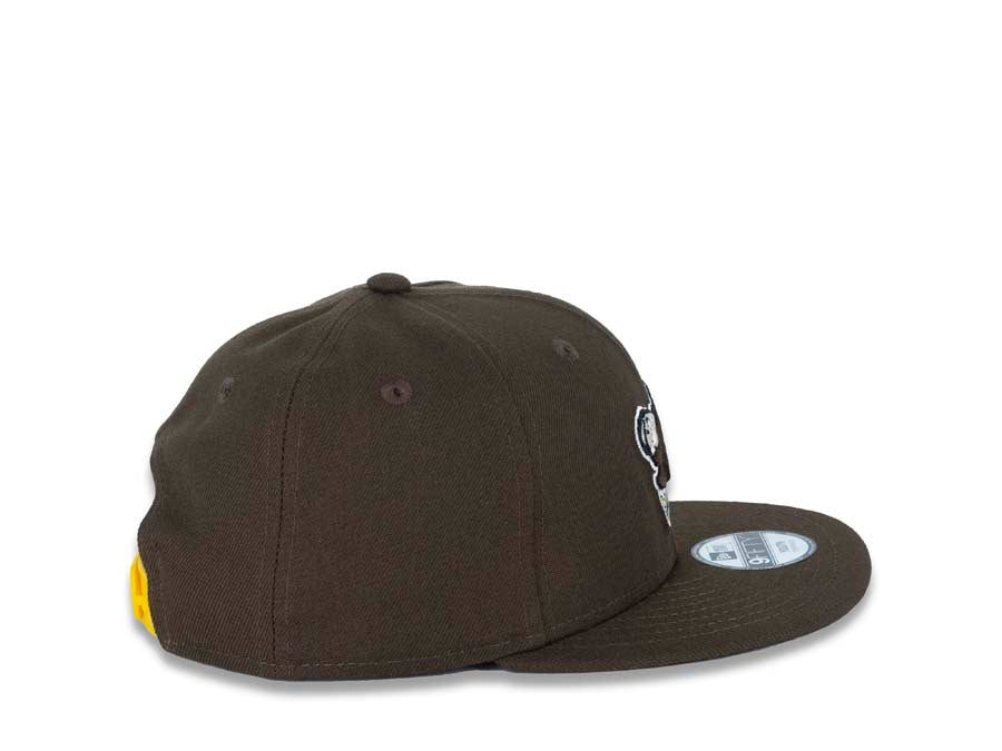 (Youth) San Diego Padres New Era MLB 9FIFTY 950 Snapback Cap Hat Brown Crown/Visor Brown/Yellow Swinging Friar Logo