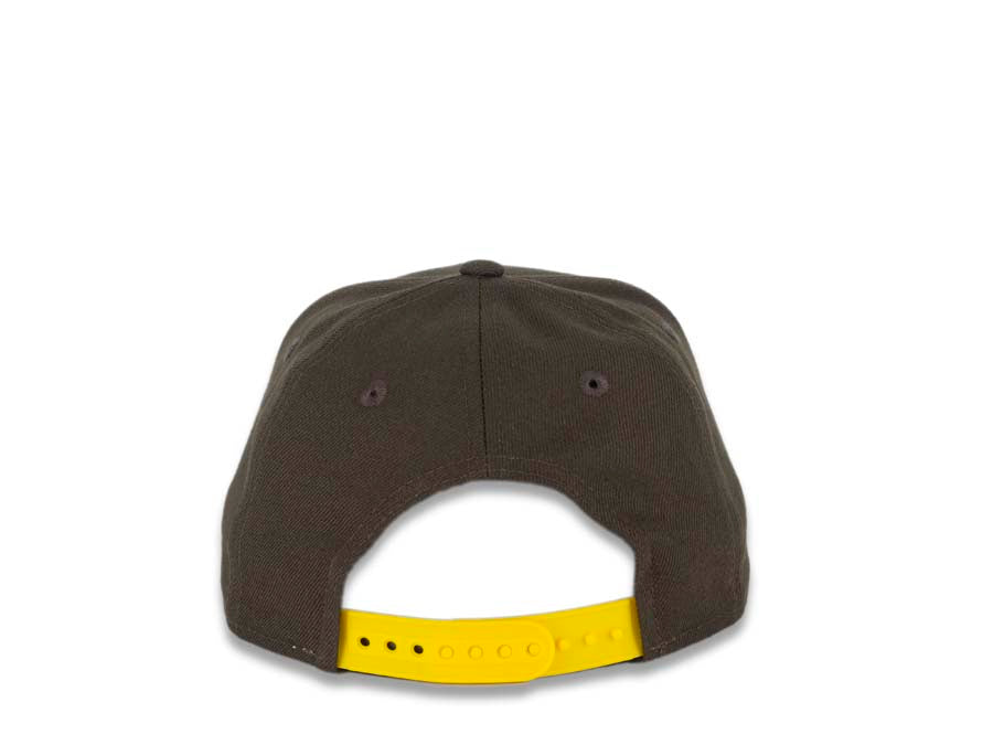 (Youth) San Diego Padres New Era MLB 9FIFTY 950 Snapback Cap Hat Brown Crown/Visor Brown/Yellow Swinging Friar Logo