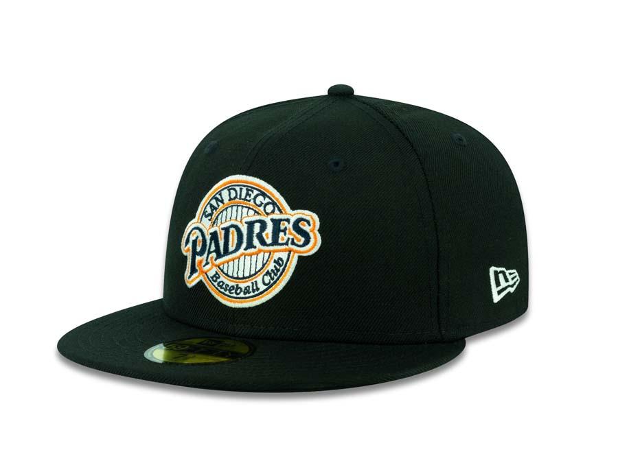 San Diego Padres New Era MLB 59FIFTY 5950 Fitted Cap Hat Black Crown/Visor Navy/White/Orange Baseball Club Cooperstown Retro Logo