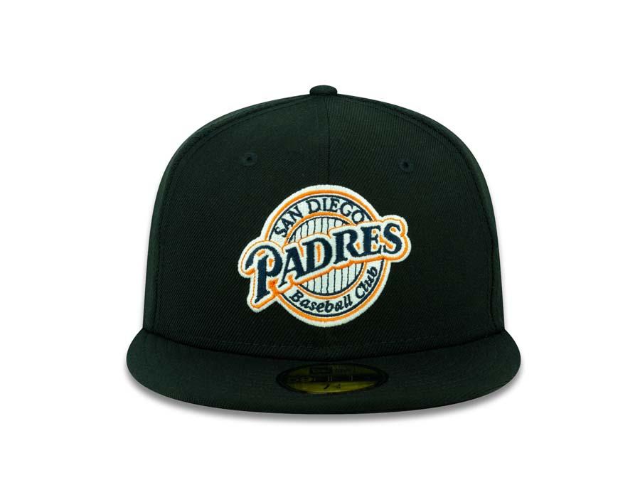San Diego Padres New Era MLB 59FIFTY 5950 Fitted Cap Hat Black Crown/Visor Navy/White/Orange Baseball Club Cooperstown Retro Logo