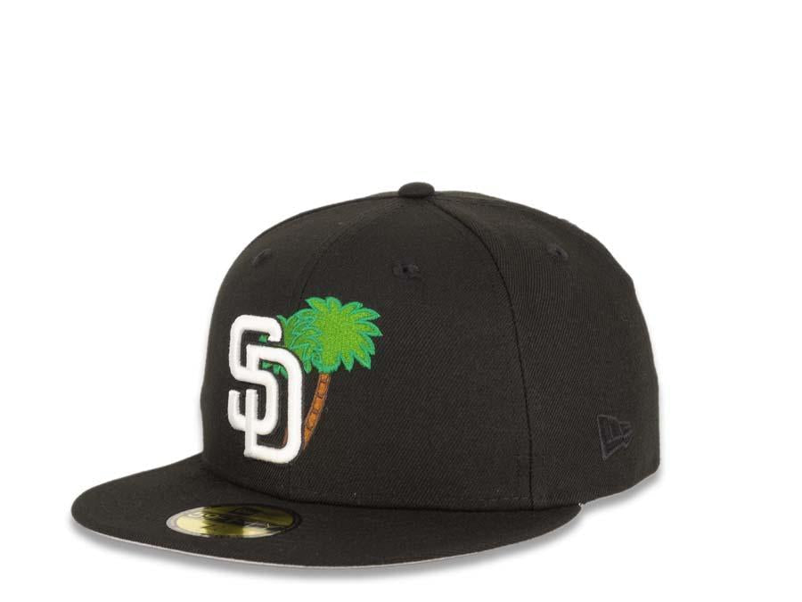 San Diego Padres New Era MLB 59Fifty 5950 Fitted Cap Hat Black Crown White Logo with Palm Tree Taco Back Logo Gray UV