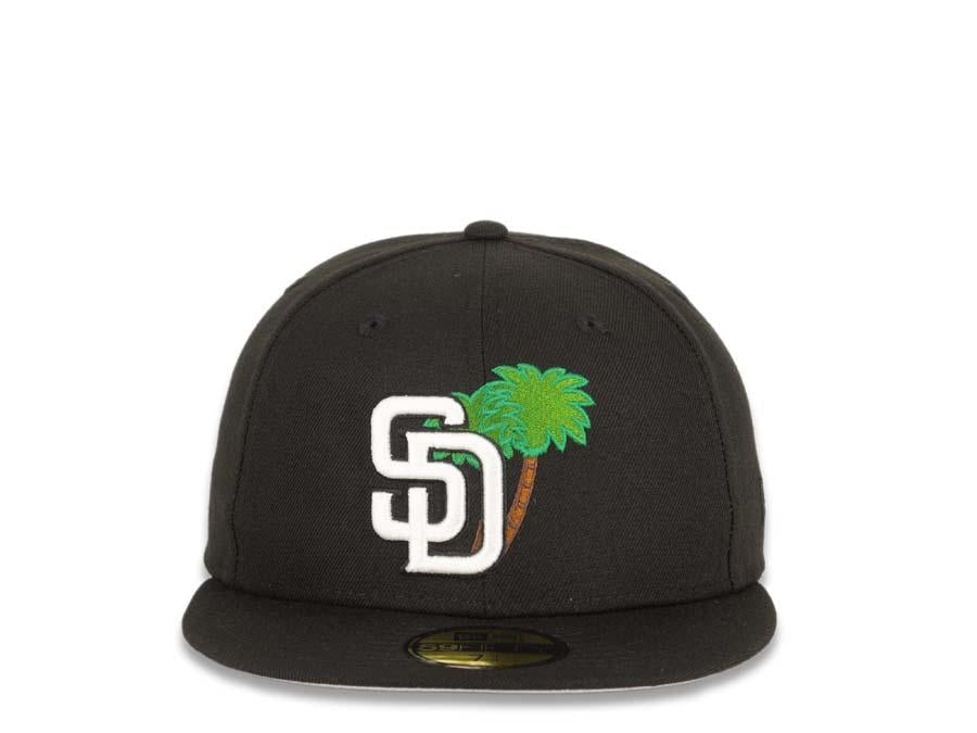 San Diego Padres New Era MLB 59Fifty 5950 Fitted Cap Hat Black Crown White Logo with Palm Tree Taco Back Logo Gray UV