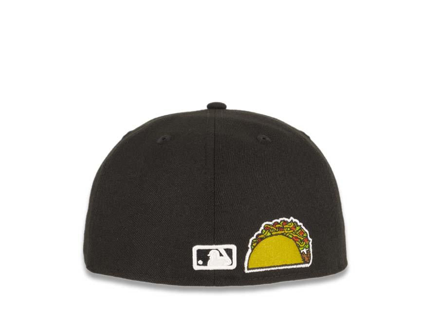 San Diego Padres New Era MLB 59Fifty 5950 Fitted Cap Hat Black Crown White Logo with Palm Tree Taco Back Logo Gray UV