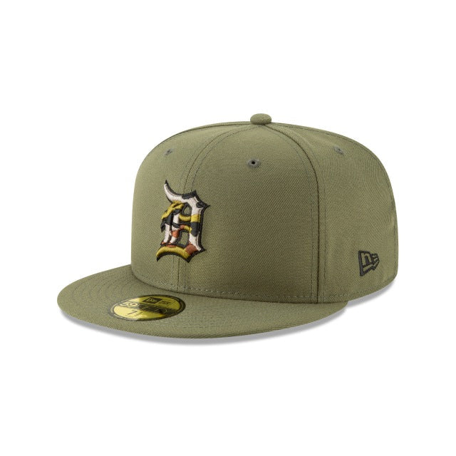 Detroit Tigers New Era MLB 59FIFTY 5950 Fitted Cap Hat New Olive Green Crown/Visor Trim Camo Logo