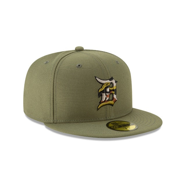 Detroit Tigers New Era MLB 59FIFTY 5950 Fitted Cap Hat New Olive Green Crown/Visor Trim Camo Logo