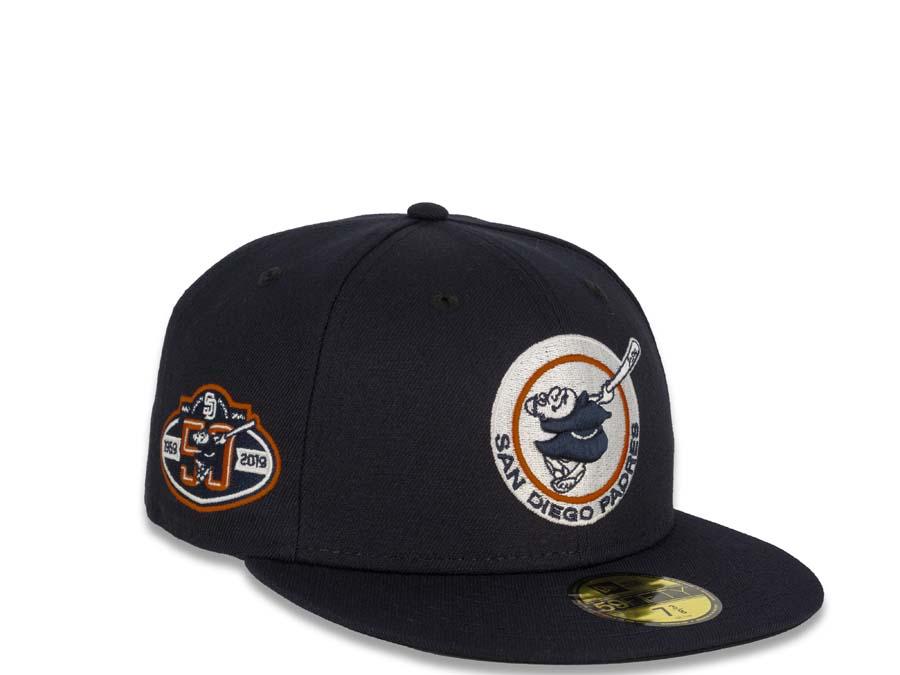 San Diego Padres New Era MLB 59Fifty 5950 Fitted Cap Hat Navy Crown Navy/White/Orange Friar Logo 50th Anniversary Side Patch Black UV