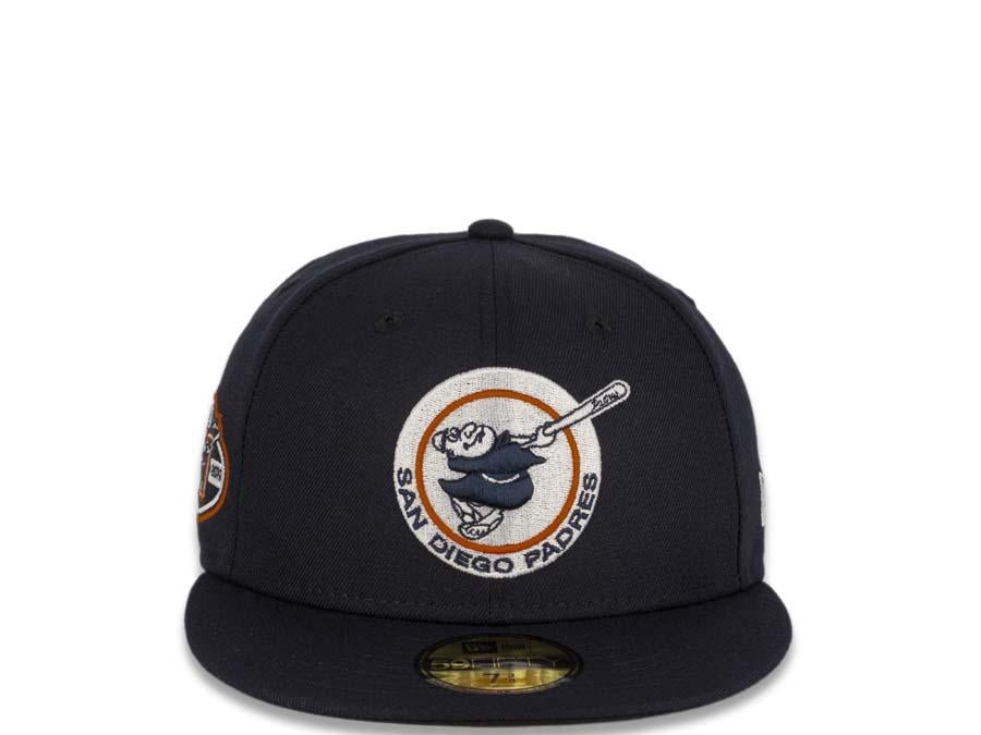 San Diego Padres New Era MLB 59Fifty 5950 Fitted Cap Hat Navy Crown Navy/White/Orange Friar Logo 50th Anniversary Side Patch Black UV