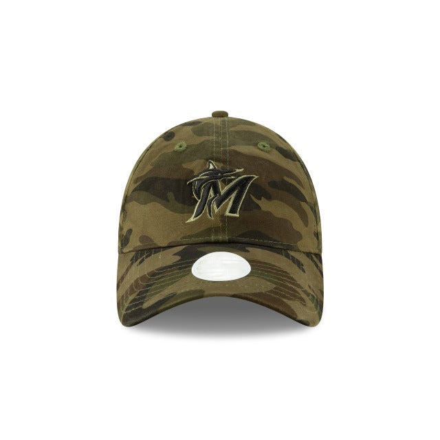 (Women) Miami Marlins New Era MLB 9TWENTY 920 Adjustable Cap Hat Camo Crown/Visor Black/Green Logo