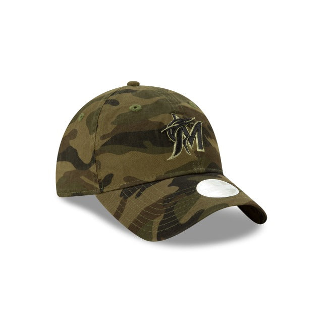 (Women) Miami Marlins New Era MLB 9TWENTY 920 Adjustable Cap Hat Camo Crown/Visor Black/Green Logo