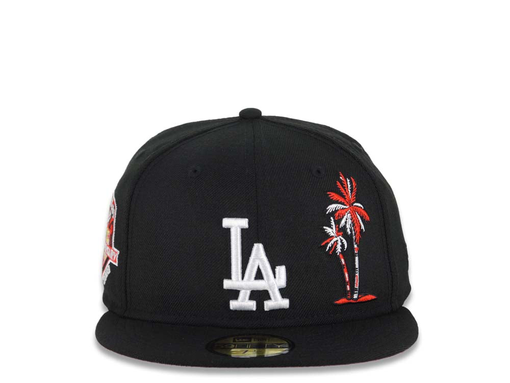 Los Angeles Dodgers New Era MLB 59FIFTY 5950 Fitted Cap Hat Black Crown/Visor White Logo With Palm Trees 50th Anniversary Side Patch Red UV