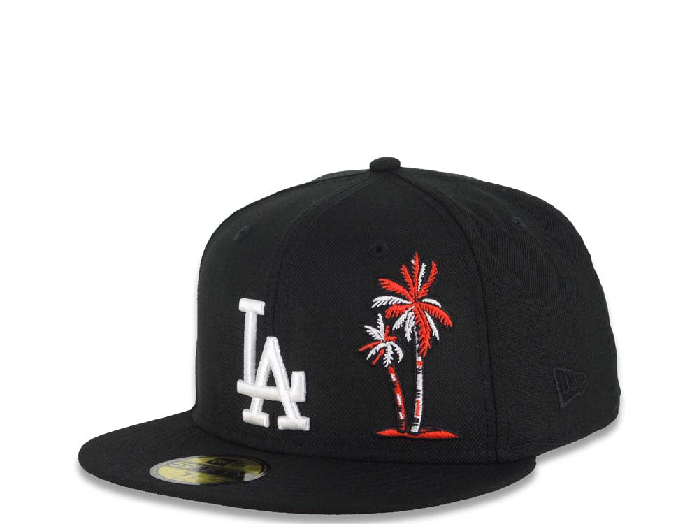 Los Angeles Dodgers New Era MLB 59FIFTY 5950 Fitted Cap Hat Black Crown/Visor White Logo With Palm Trees 50th Anniversary Side Patch Red UV
