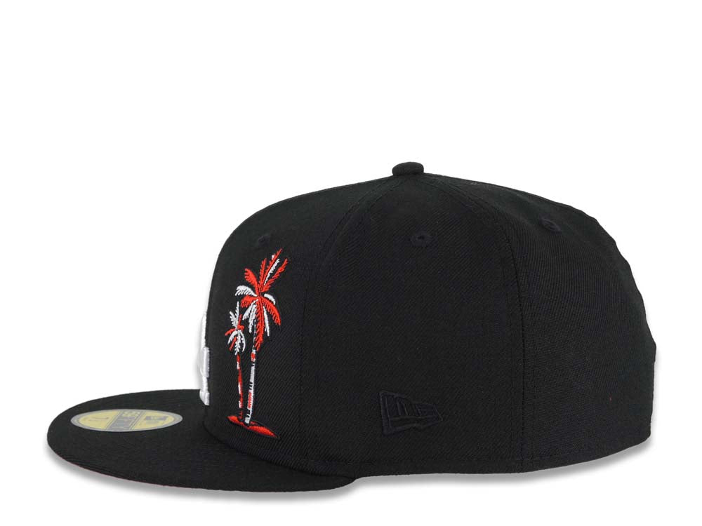 Los Angeles Dodgers New Era MLB 59FIFTY 5950 Fitted Cap Hat Black Crown/Visor White Logo With Palm Trees 50th Anniversary Side Patch Red UV