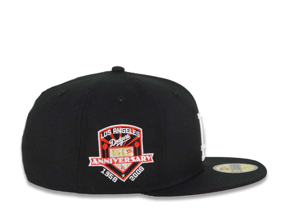 Los Angeles Dodgers New Era MLB 59FIFTY 5950 Fitted Cap Hat Black Crown/Visor White Logo With Palm Trees 50th Anniversary Side Patch Red UV