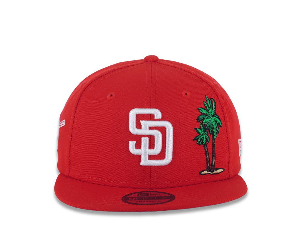 San Diego Padres New Era MLB 9FIFTY 950 Snapback Cap Hat Red Crown/Visor White Logo with Palm Tree Swinging Friar Side Patch Sky Blue UV