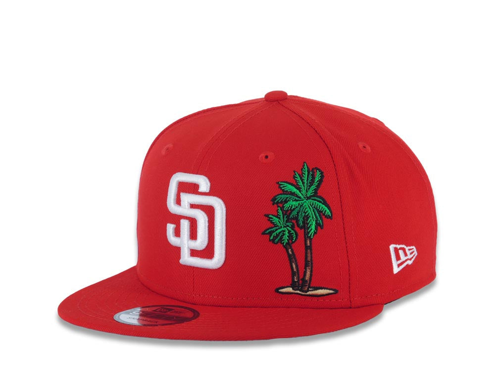 San Diego Padres New Era MLB 9FIFTY 950 Snapback Cap Hat Red Crown/Visor White Logo with Palm Tree Swinging Friar Side Patch Sky Blue UV