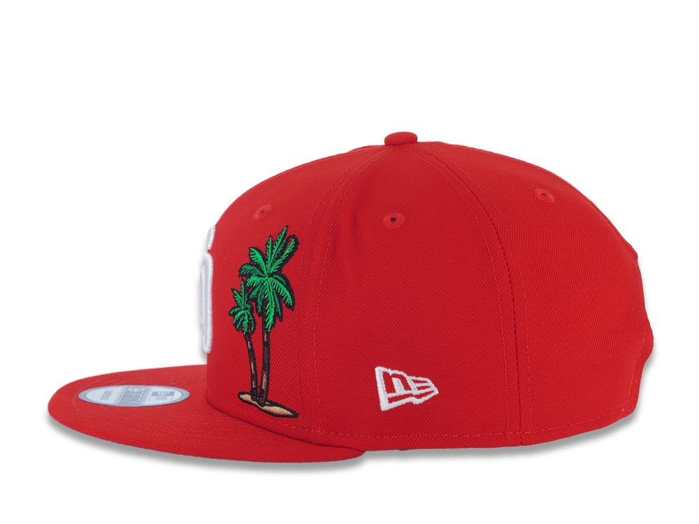 San Diego Padres New Era MLB 9FIFTY 950 Snapback Cap Hat Red Crown/Visor White Logo with Palm Tree Swinging Friar Side Patch Sky Blue UV