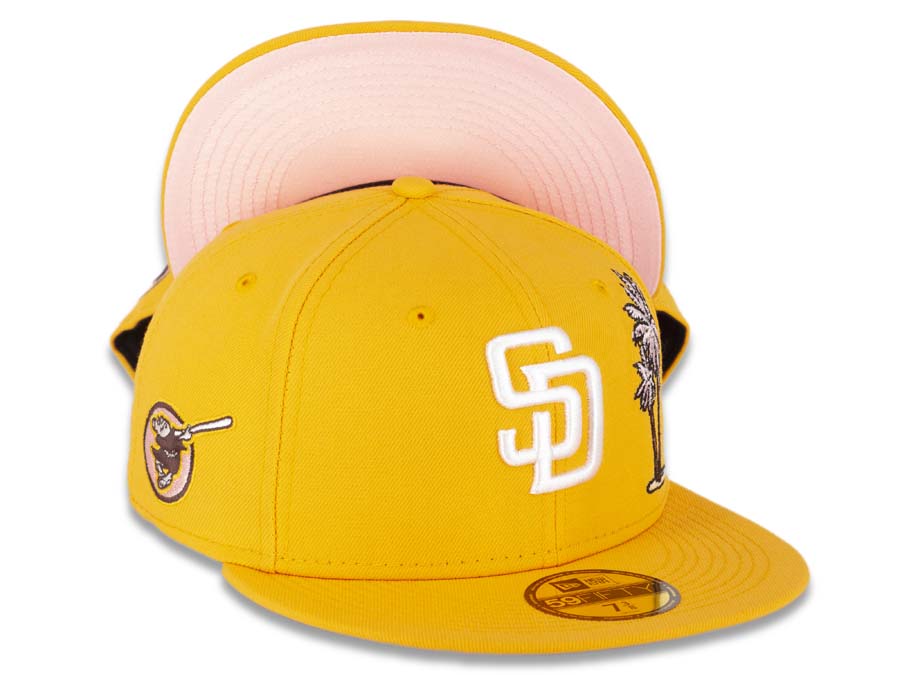 San Diego Padres New Era MLB 59FIFTY 5950 Fitted Cap Hat A Gold Crown/Visor White Logo With Palm Tree 1998 World Series Side Patch Pink UV