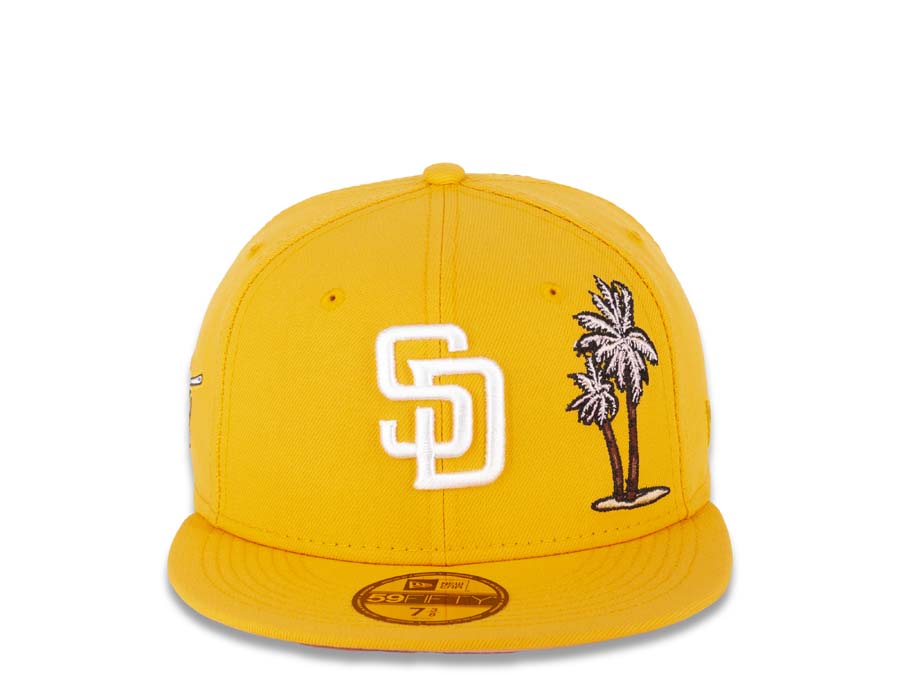 San Diego Padres New Era MLB 59FIFTY 5950 Fitted Cap Hat A Gold Crown/Visor White Logo With Palm Tree 1998 World Series Side Patch Pink UV