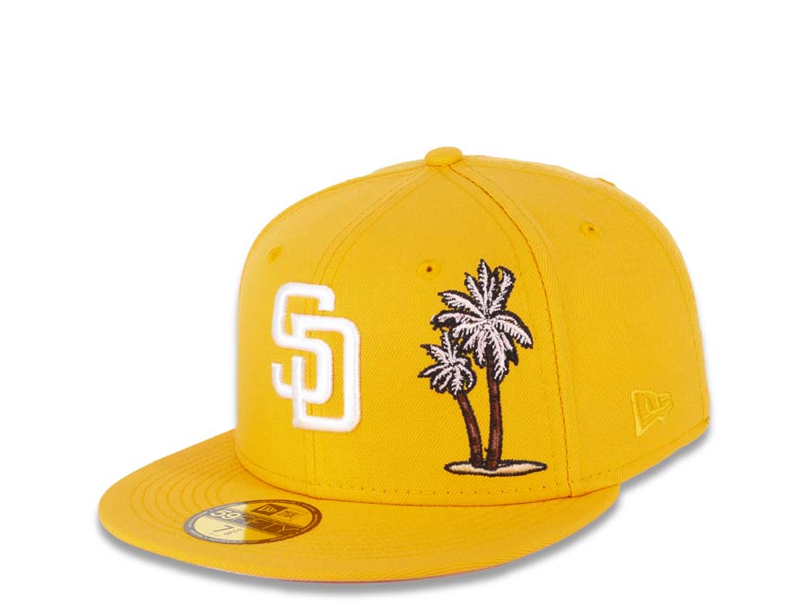 San Diego Padres New Era MLB 59FIFTY 5950 Fitted Cap Hat A Gold Crown/Visor White Logo With Palm Tree 1998 World Series Side Patch Pink UV